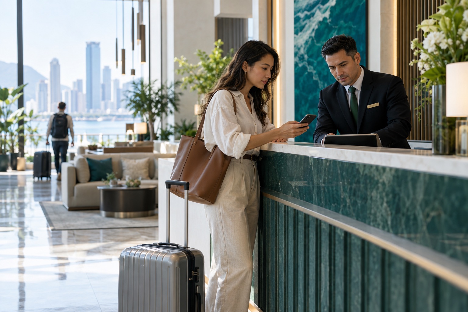 Guest checking travel connectivity at a hotel reception