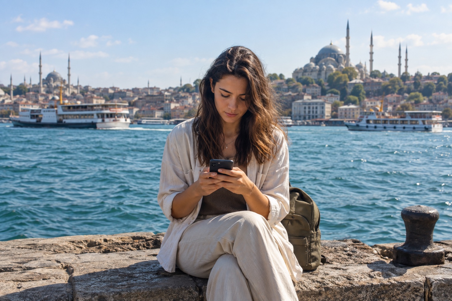 Traveler checking connectivity beside the Istanbul waterfront
