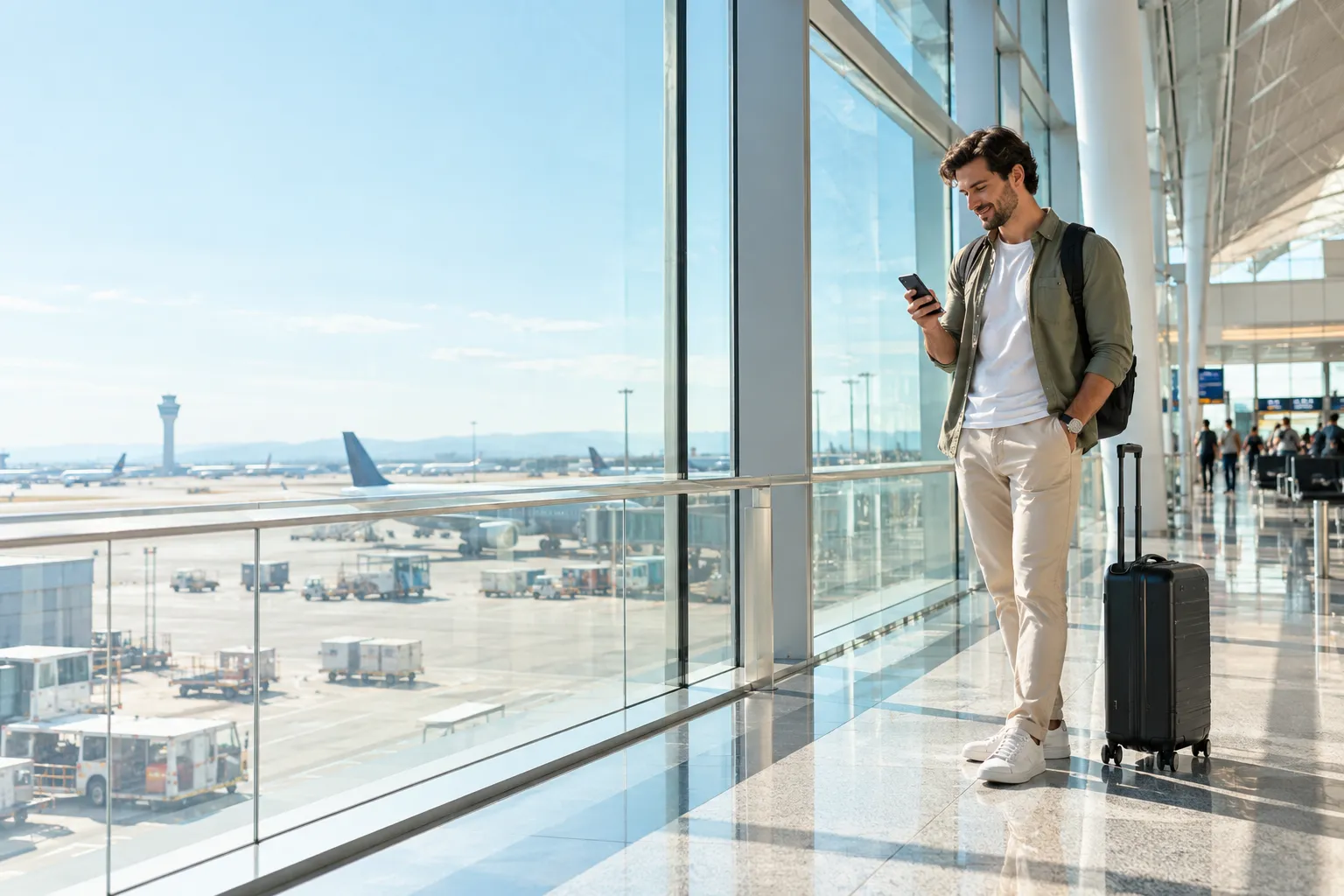 A traveler checking a phone before departure