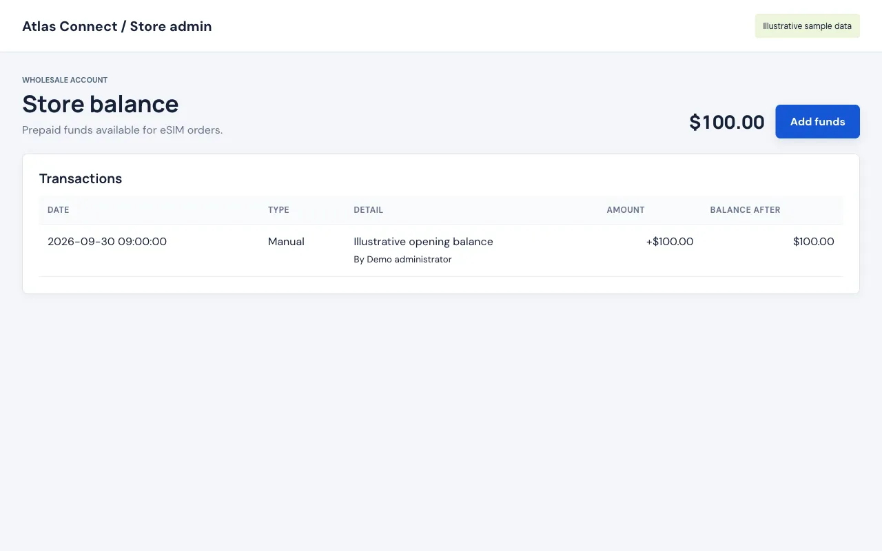 Sales and balance reporting in the store admin with illustrative sample data