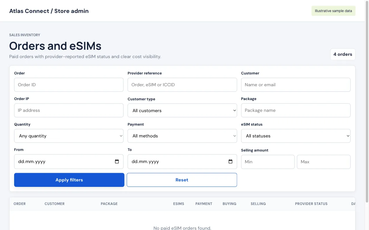 Order management in the store admin with illustrative sample data