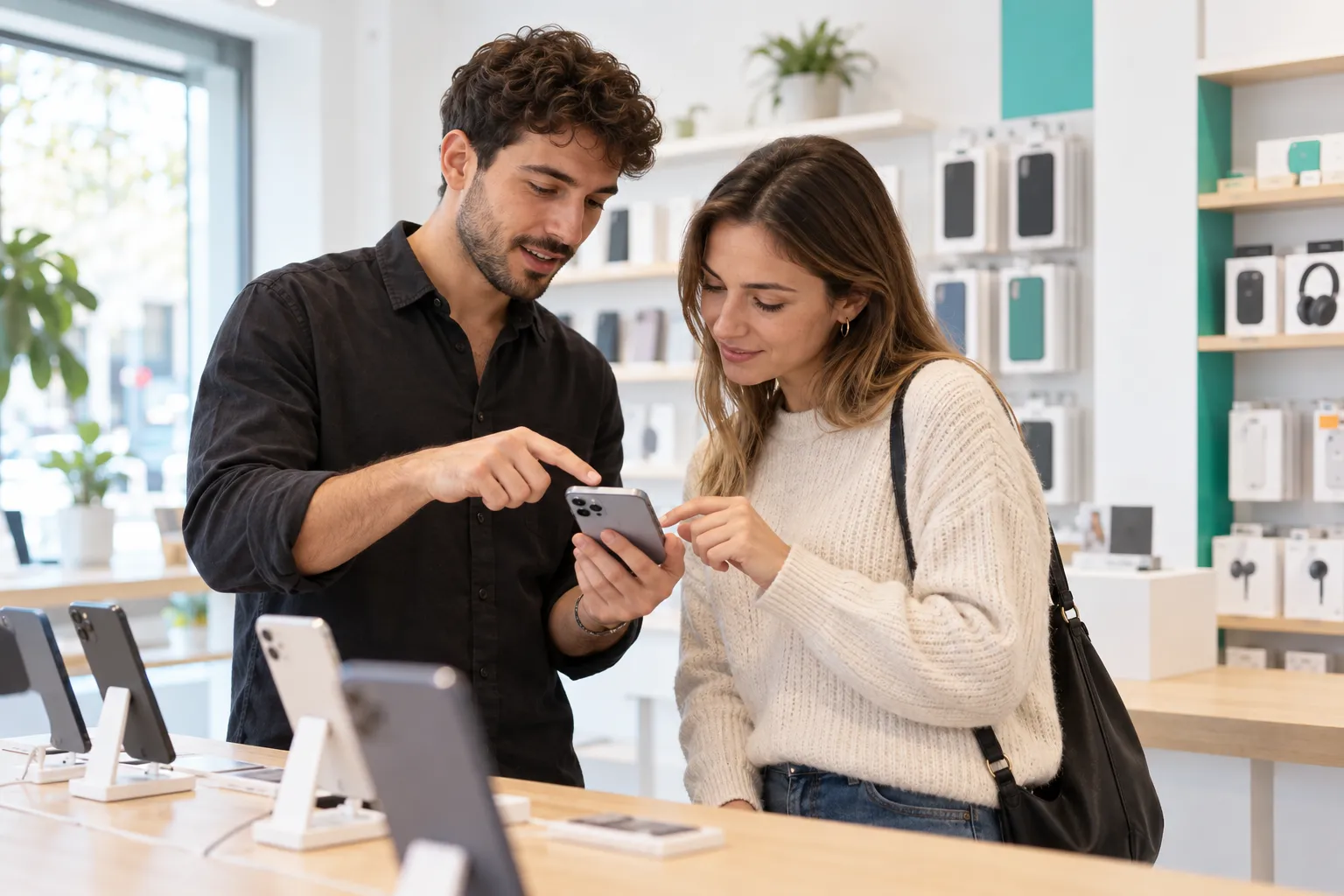A telecom retailer helping a customer check a smartphone