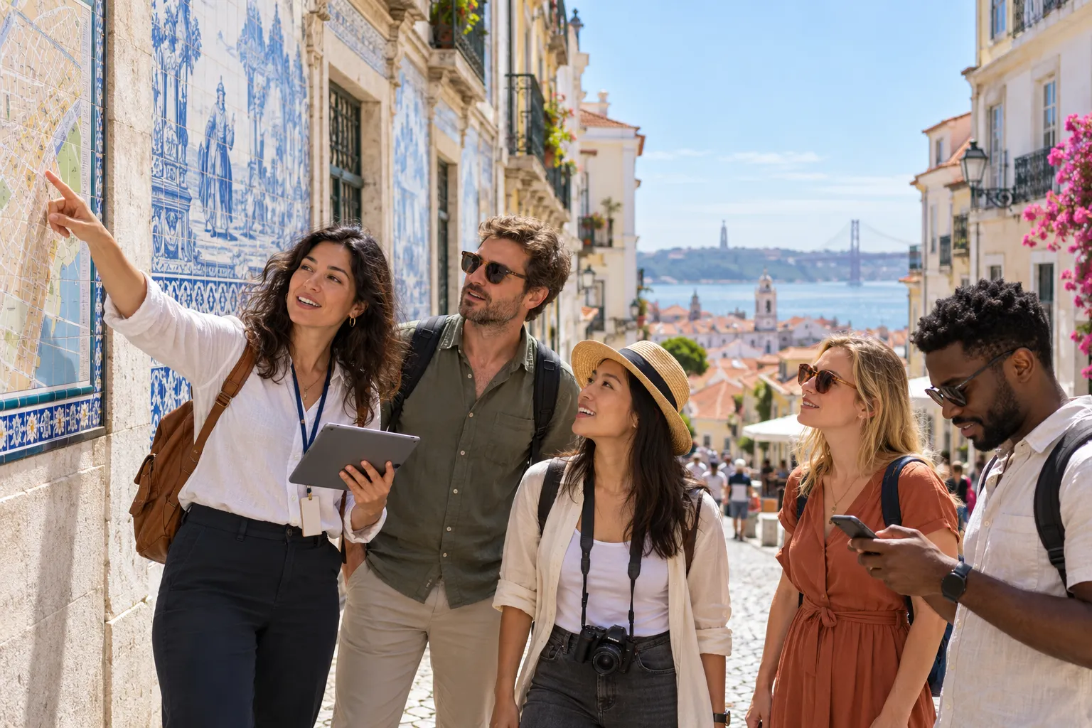 A tour guide helping travelers with directions on a phone